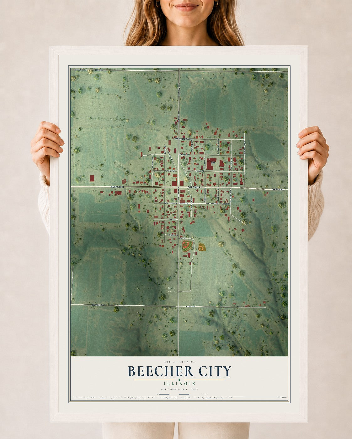 Map of Beecher City, Illinois, 24 x 36 inch print in a white wood frame