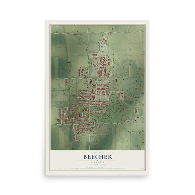 Map of Beecher, Illinois, 12 x 18 inch unframed archival matte print