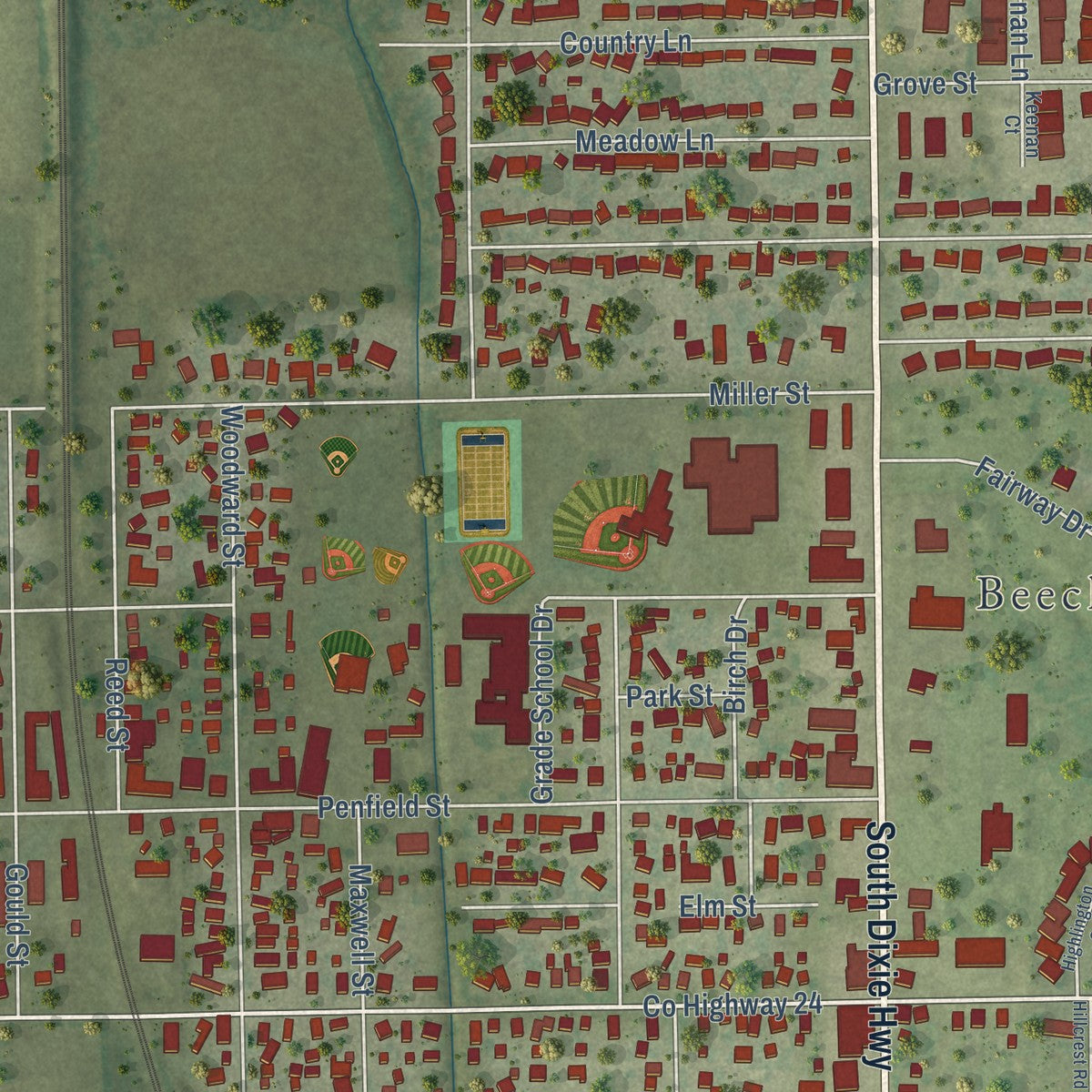 Close-up of the map of Beecher, Illinois print showing street and building detail