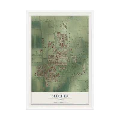 Map of Beecher, Illinois, 12 x 18 inch print in a white wood frame