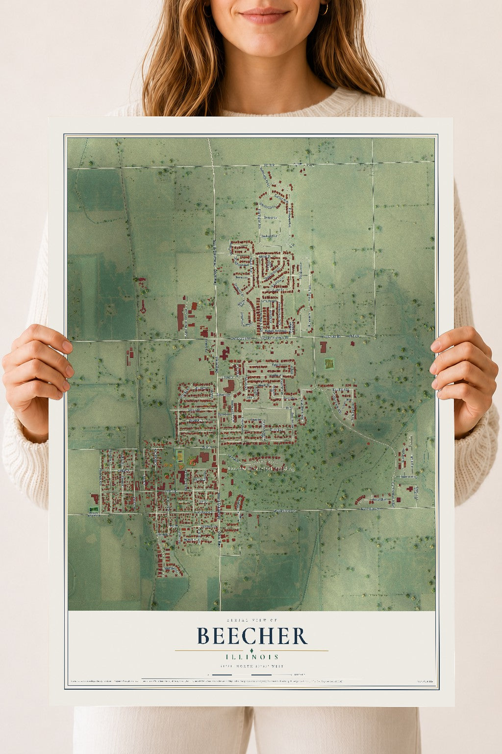 Map of Beecher, Illinois, 18 x 24 inch unframed archival matte print