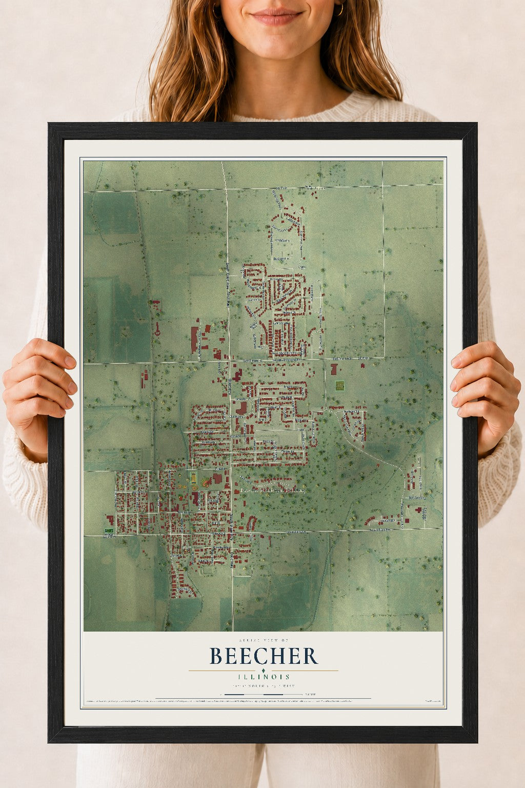 Map of Beecher, Illinois, 18 x 24 inch print in a black wood frame