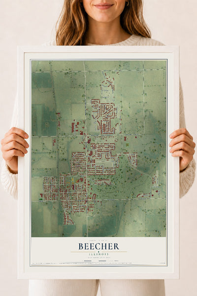 Map of Beecher, Illinois, 18 x 24 inch print in a white wood frame