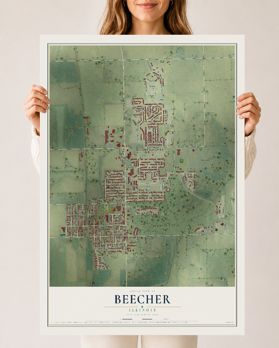 Map of Beecher, Illinois, 24 x 36 inch unframed archival matte print