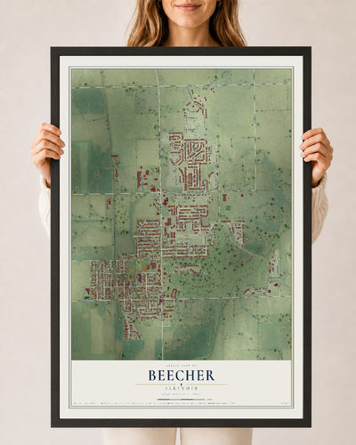 Map of Beecher, Illinois, 24 x 36 inch print in a black wood frame