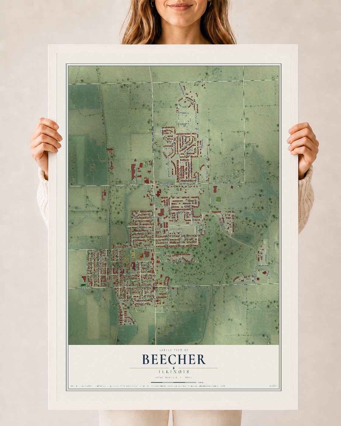 Map of Beecher, Illinois, 24 x 36 inch print in a white wood frame