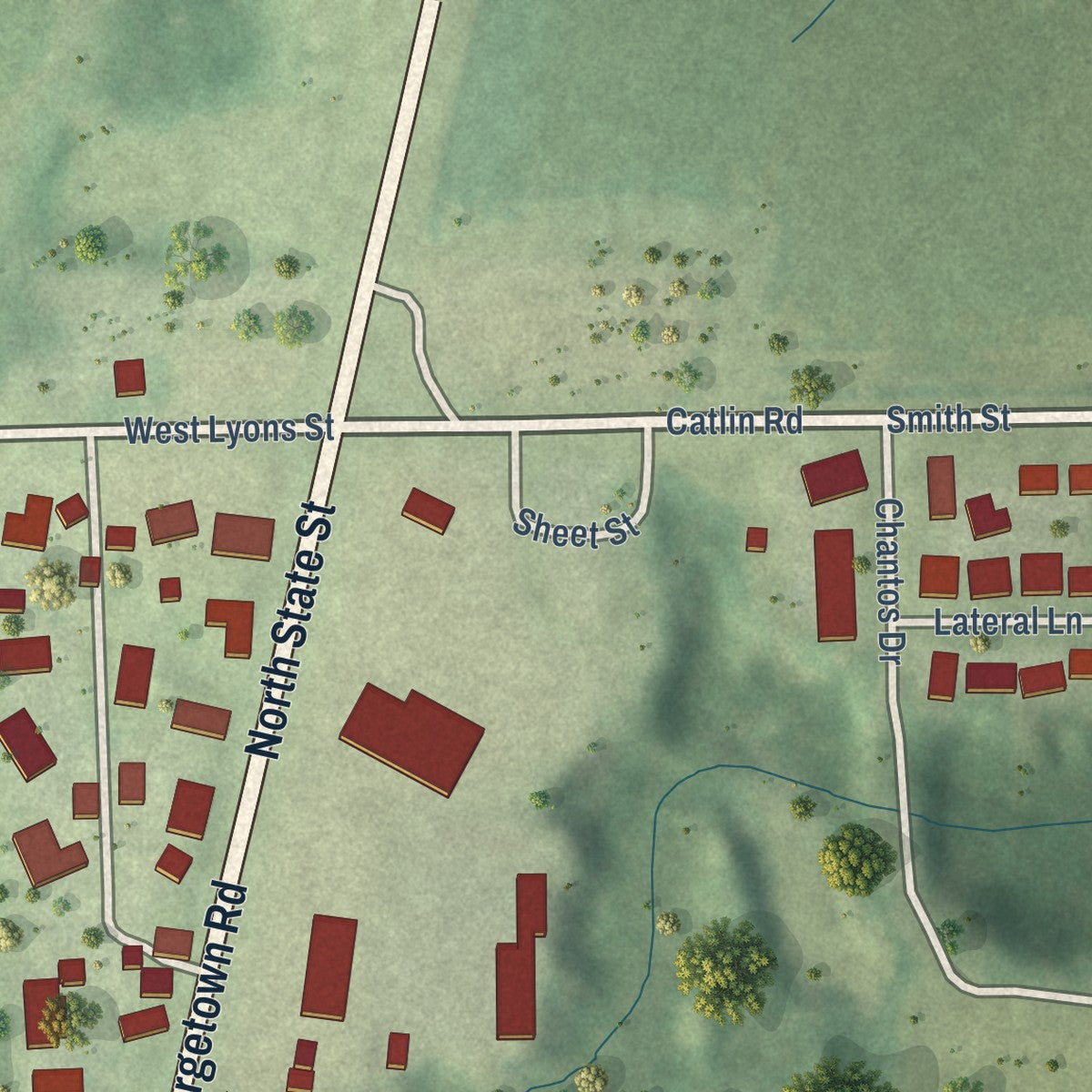 Second close-up of the map of Belgium, Illinois print showing more streets and buildings
