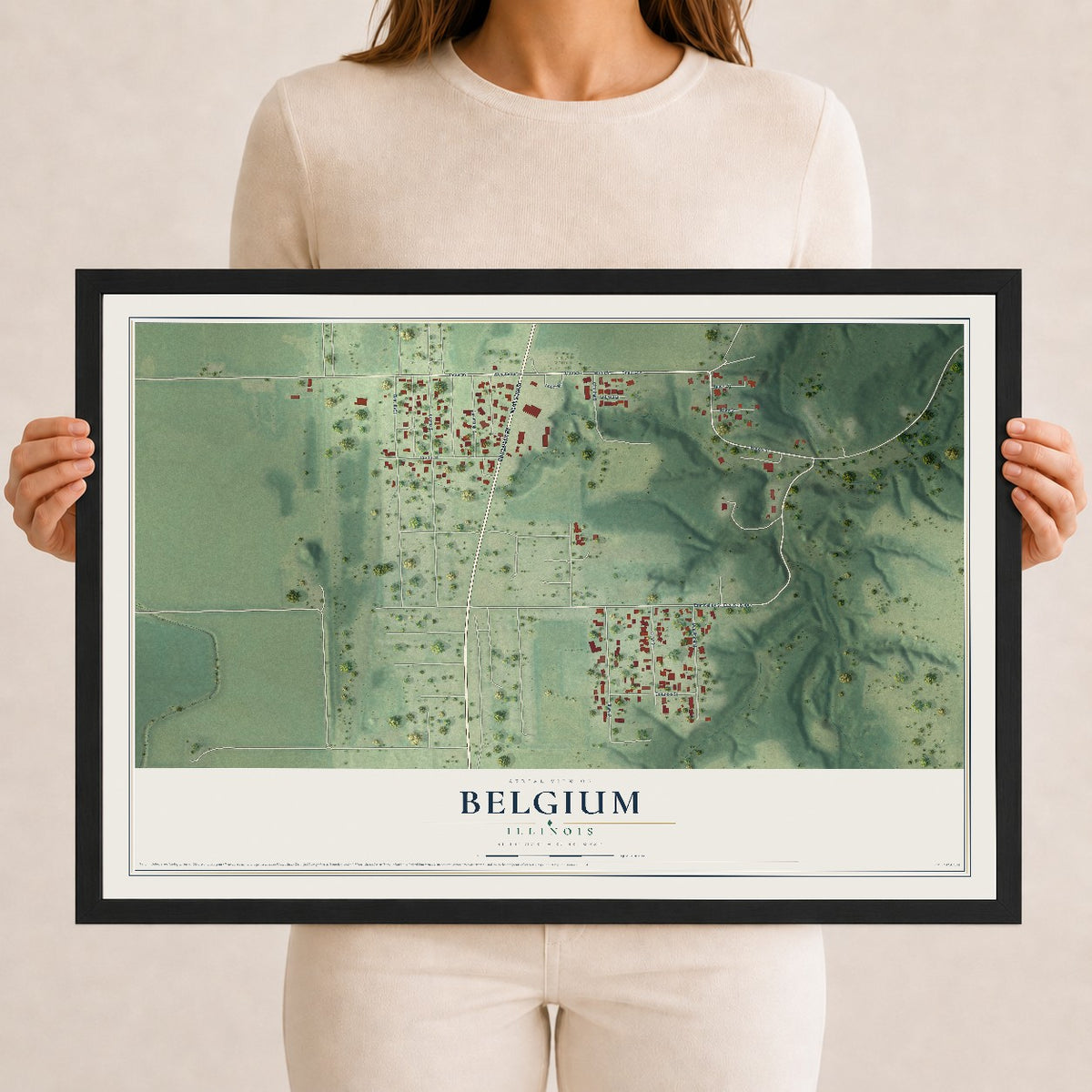 Map of Belgium, Illinois, 12 x 18 inch print in a black wood frame