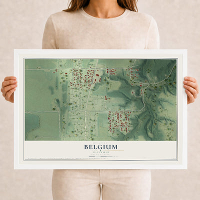 Map of Belgium, Illinois, 12 x 18 inch print in a white wood frame
