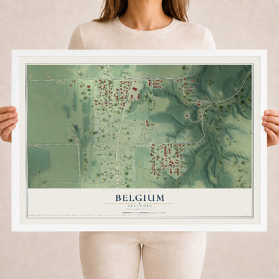 Map of Belgium, Illinois, 18 x 24 inch print in a white wood frame