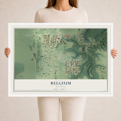 Map of Belgium, Illinois, 24 x 36 inch print in a white wood frame