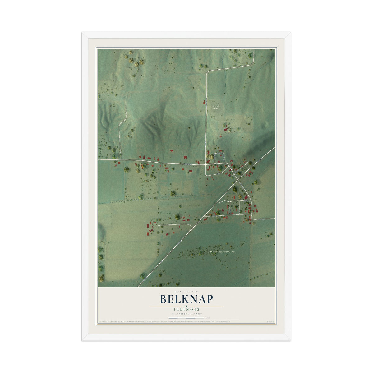 Map of Belknap, Illinois, 12 x 18 inch print in a white wood frame