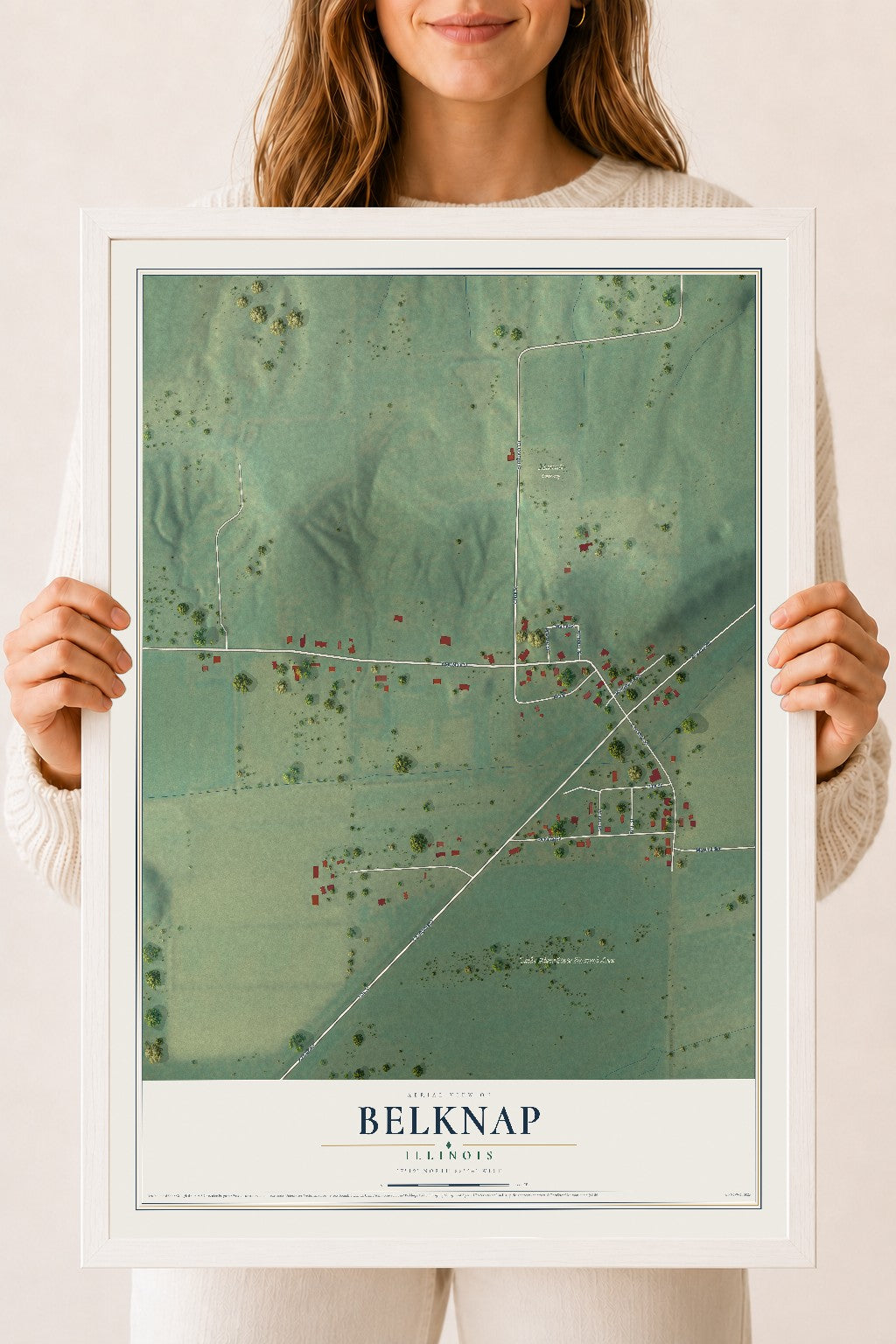 Map of Belknap, Illinois, 18 x 24 inch print in a white wood frame