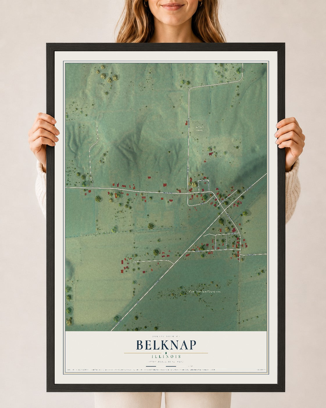 Map of Belknap, Illinois, 24 x 36 inch print in a black wood frame