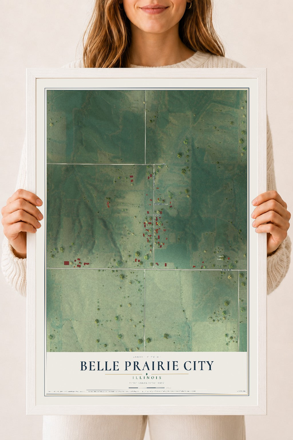 Map of Belle Prairie City, Illinois, 18 x 24 inch print in a white wood frame