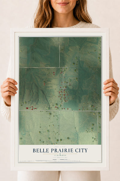 Map of Belle Prairie City, Illinois, 18 x 24 inch print in a white wood frame