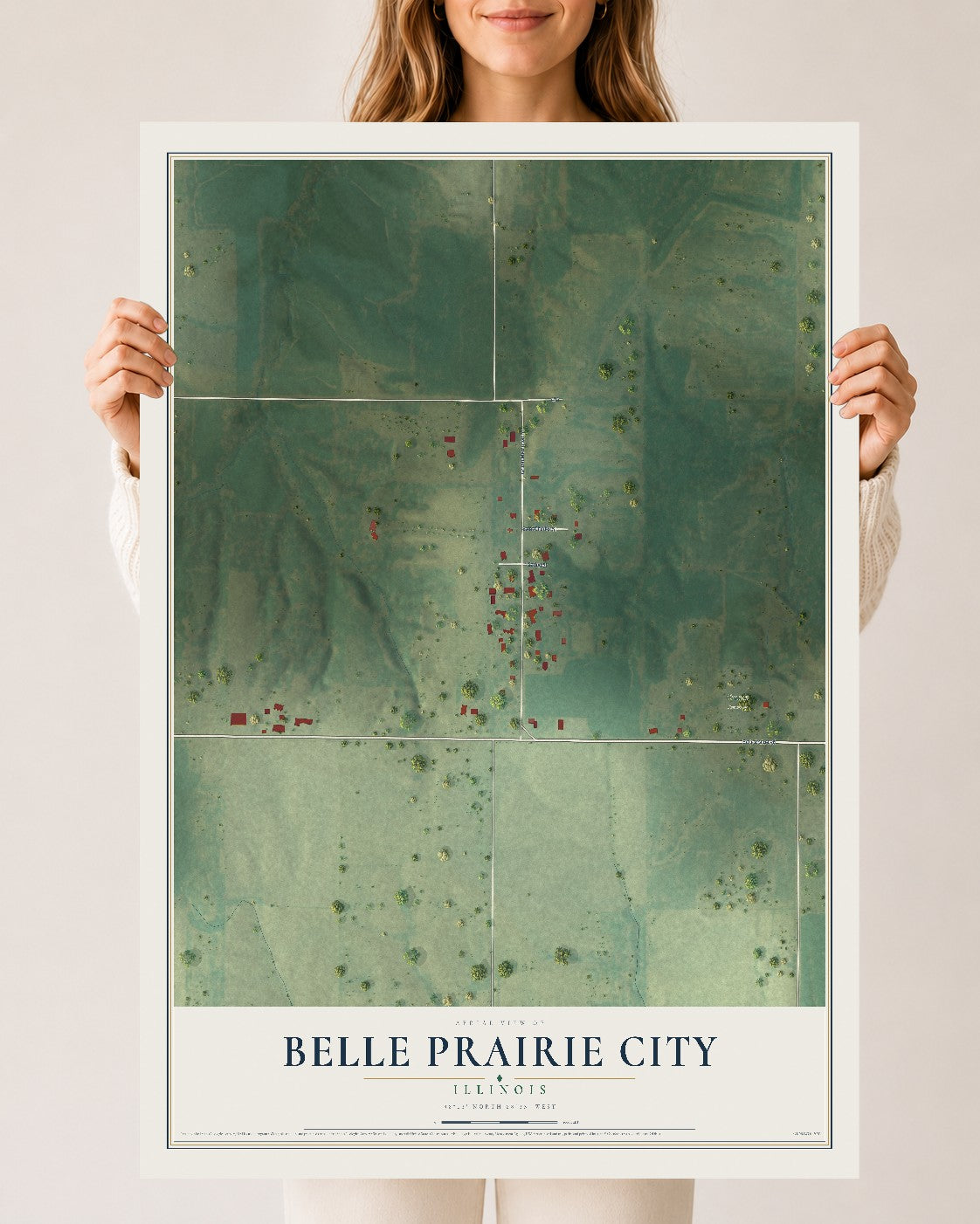 Map of Belle Prairie City, Illinois, 24 x 36 inch unframed archival matte print