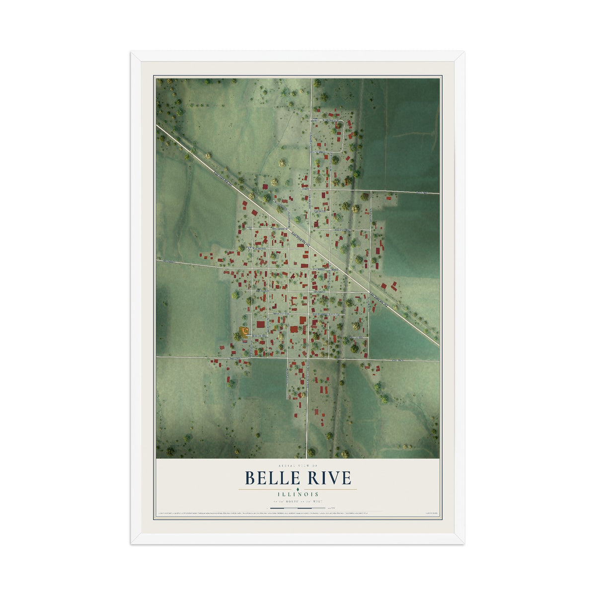 Map of Belle Rive, Illinois, 12 x 18 inch print in a white wood frame