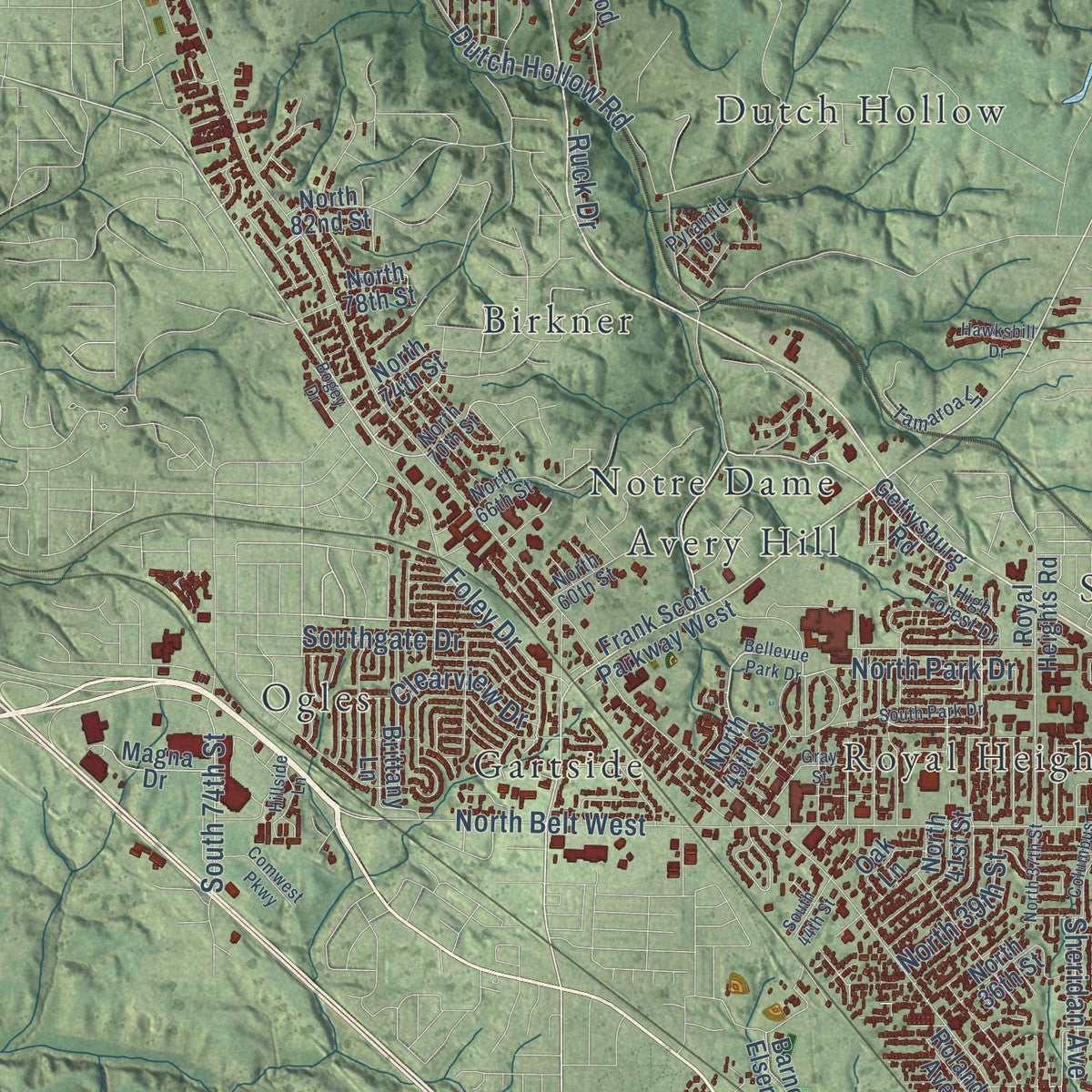 Second close-up of the map of Belleville, Illinois print showing more streets and buildings