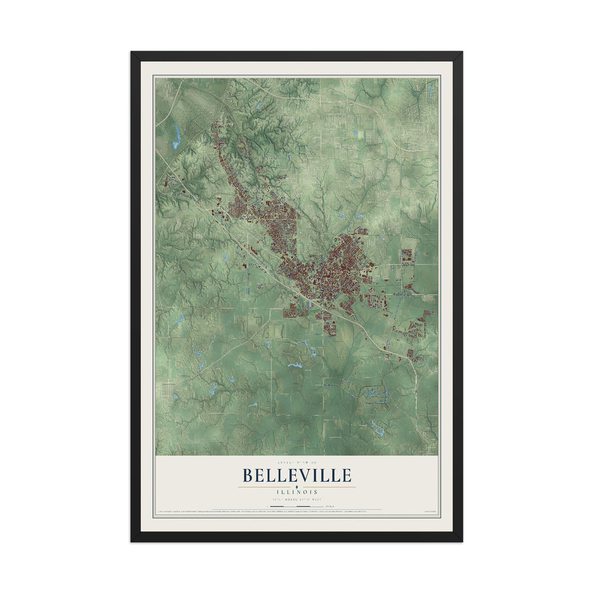 Map of Belleville, Illinois, 12 x 18 inch print in a black wood frame