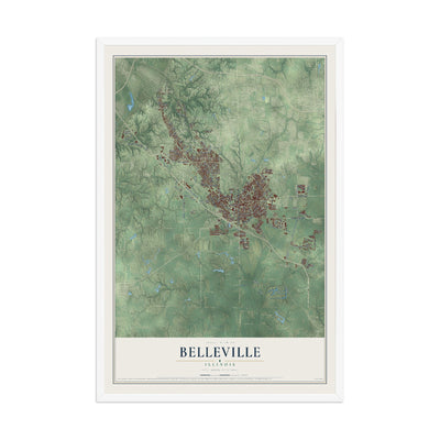 Map of Belleville, Illinois, 12 x 18 inch print in a white wood frame