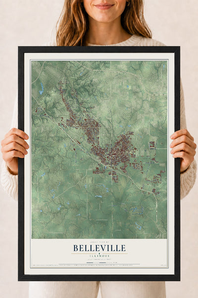 Map of Belleville, Illinois, 18 x 24 inch print in a black wood frame