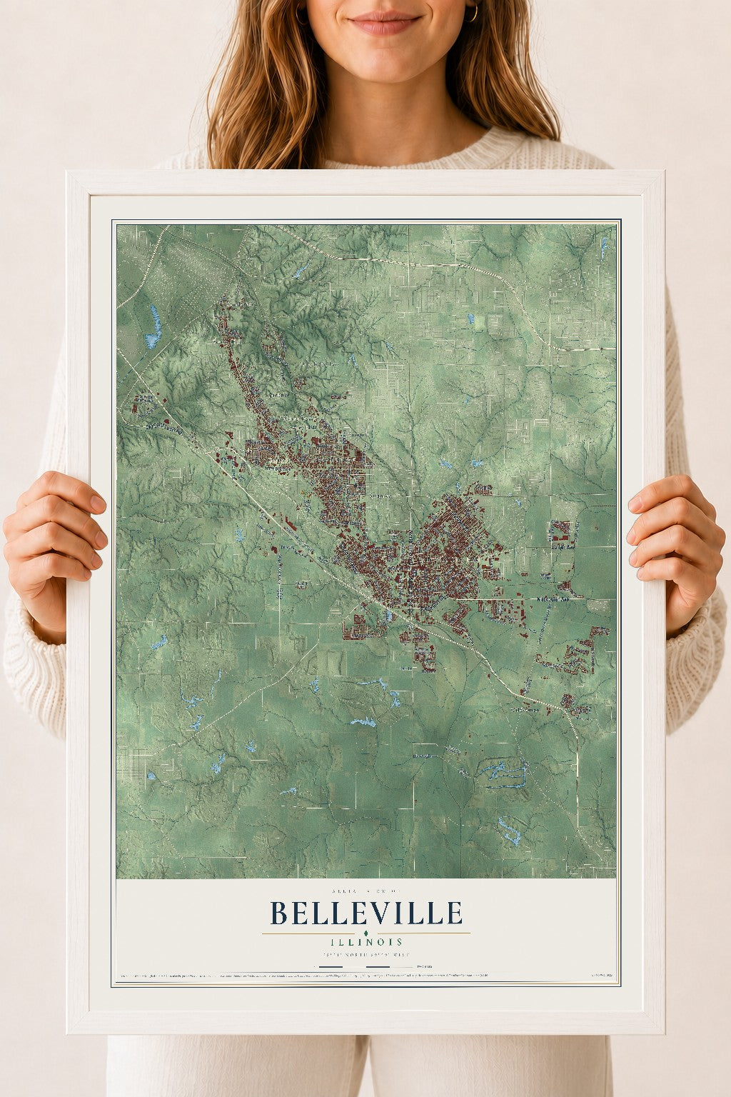 Map of Belleville, Illinois, 18 x 24 inch print in a white wood frame
