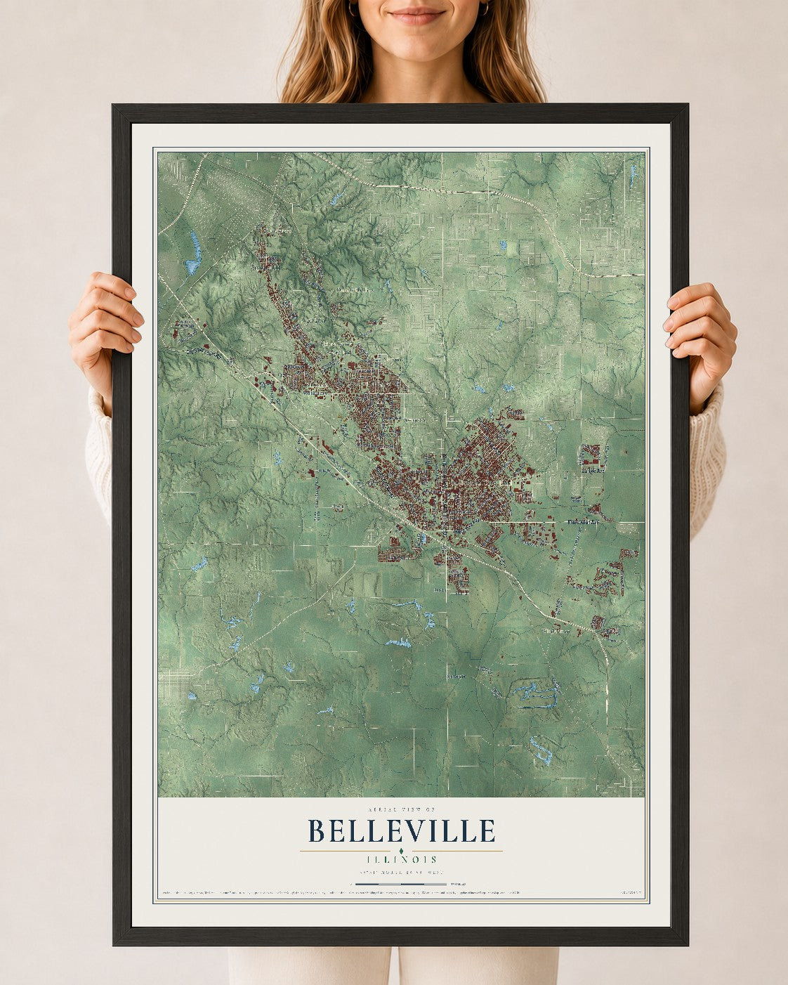 Map of Belleville, Illinois, 24 x 36 inch print in a black wood frame