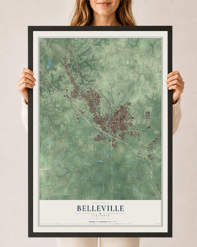 Map of Belleville, Illinois, 24 x 36 inch print in a black wood frame