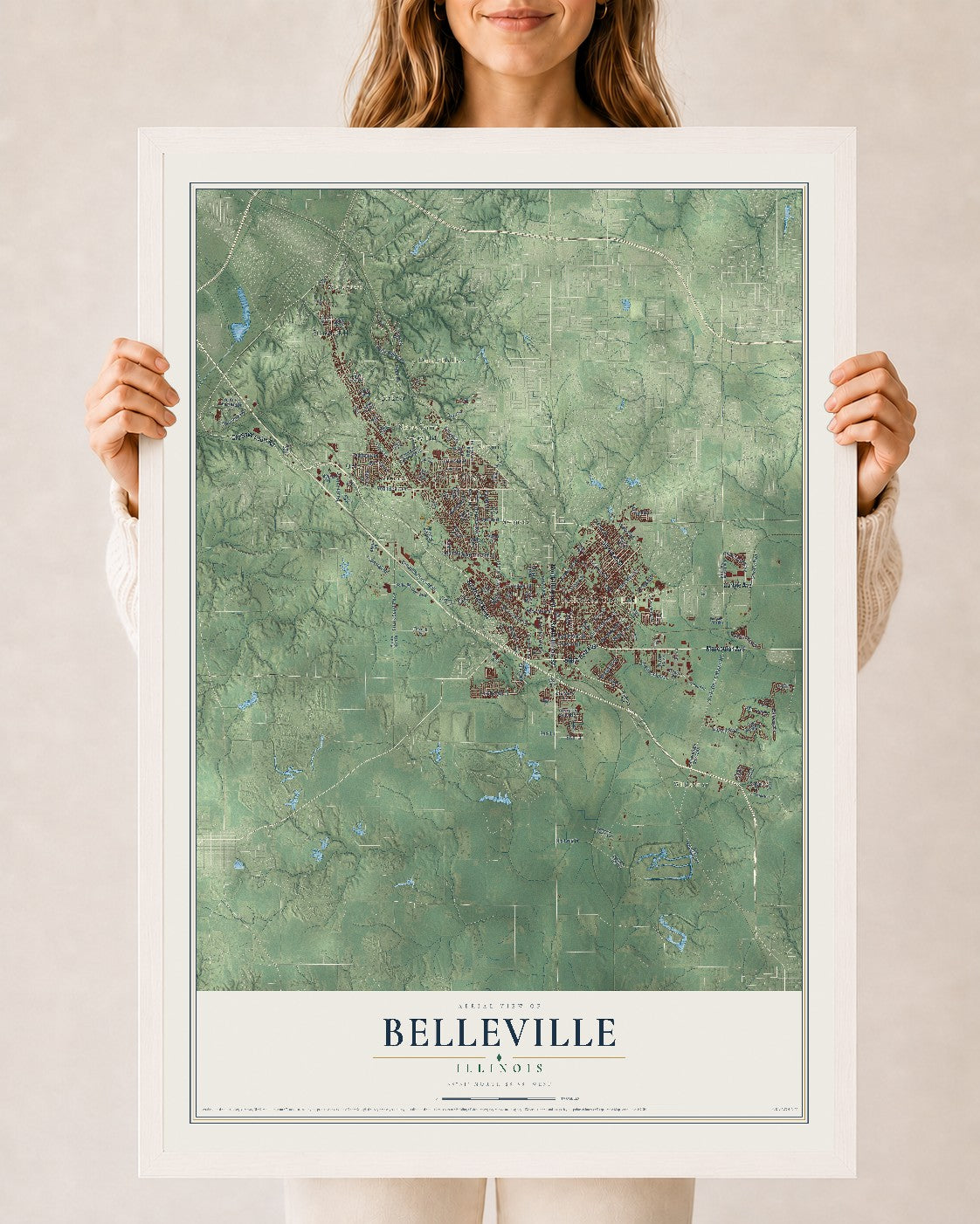 Map of Belleville, Illinois, 24 x 36 inch print in a white wood frame
