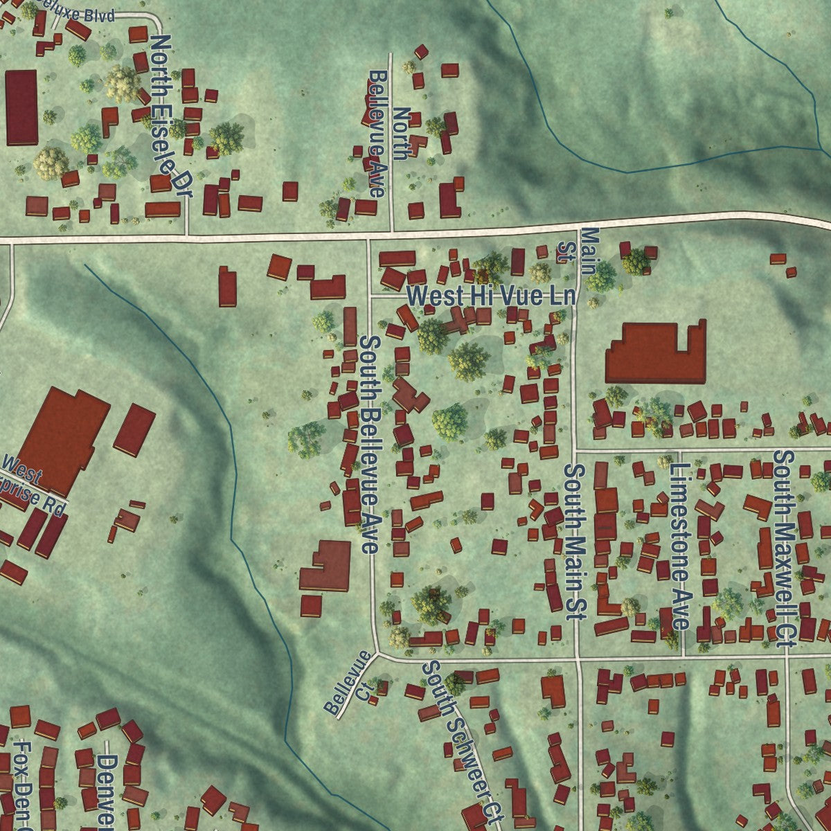 Close-up of the map of Bellevue, Illinois print showing street and building detail