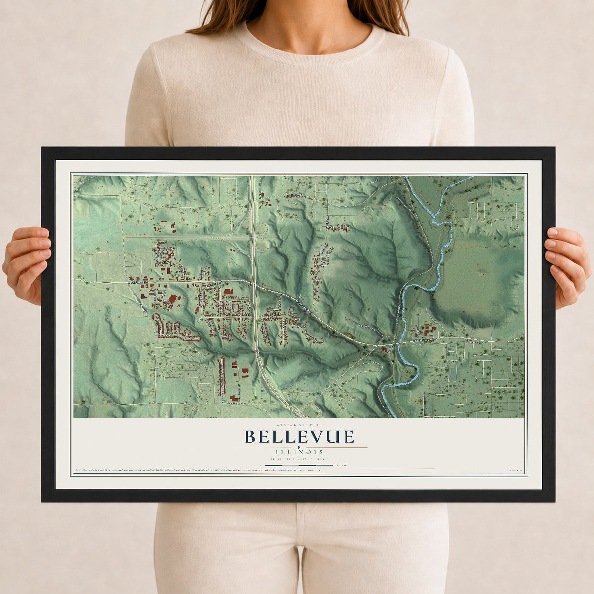 Map of Bellevue, Illinois, 12 x 18 inch print in a black wood frame