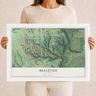 Map of Bellevue, Illinois, 12 x 18 inch print in a white wood frame