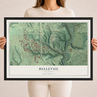 Map of Bellevue, Illinois, 18 x 24 inch print in a black wood frame