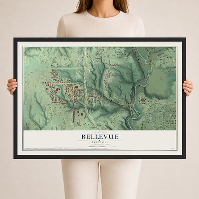 Map of Bellevue, Illinois, 24 x 36 inch print in a black wood frame