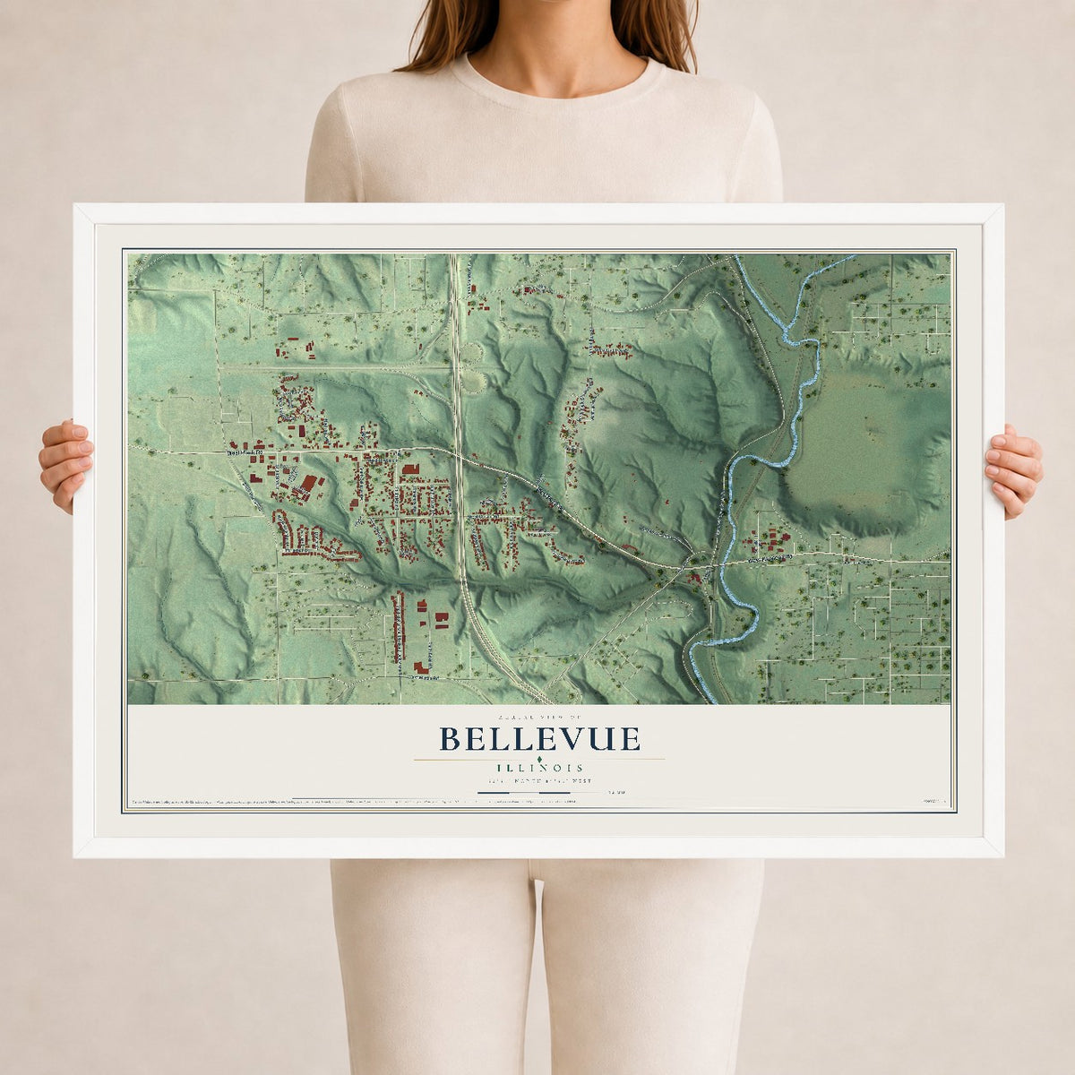 Map of Bellevue, Illinois, 24 x 36 inch print in a white wood frame