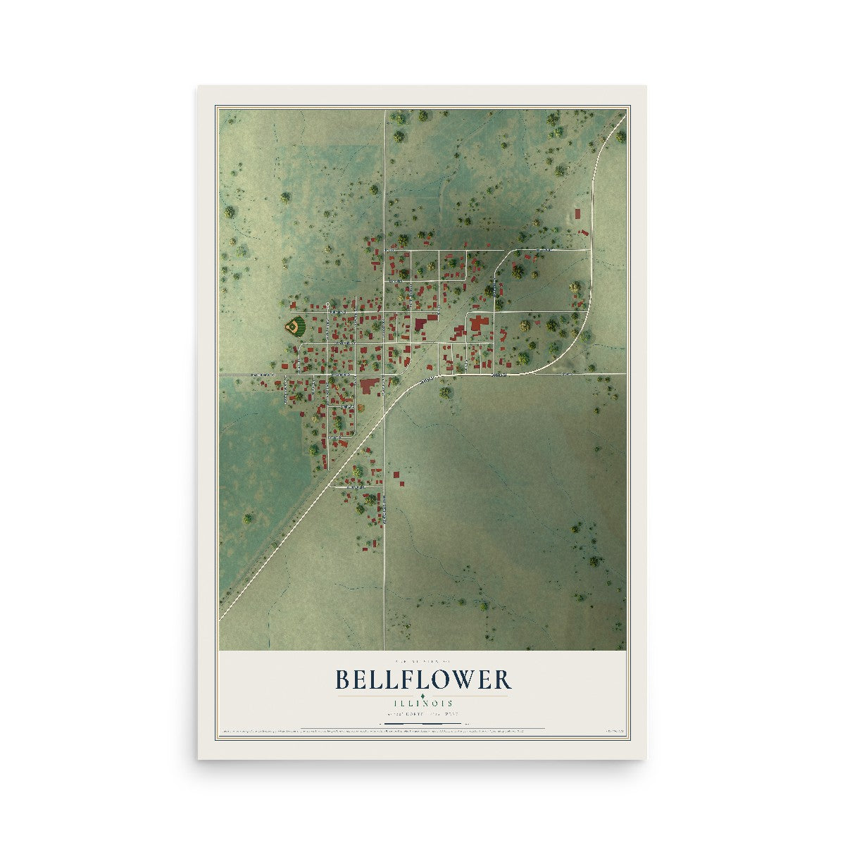 Map of Bellflower, Illinois, 12 x 18 inch unframed archival matte print