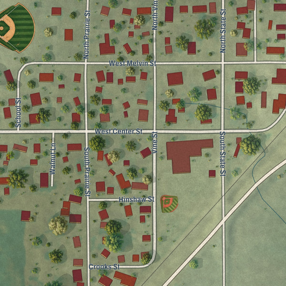 Close-up of the map of Bellflower, Illinois print showing street and building detail