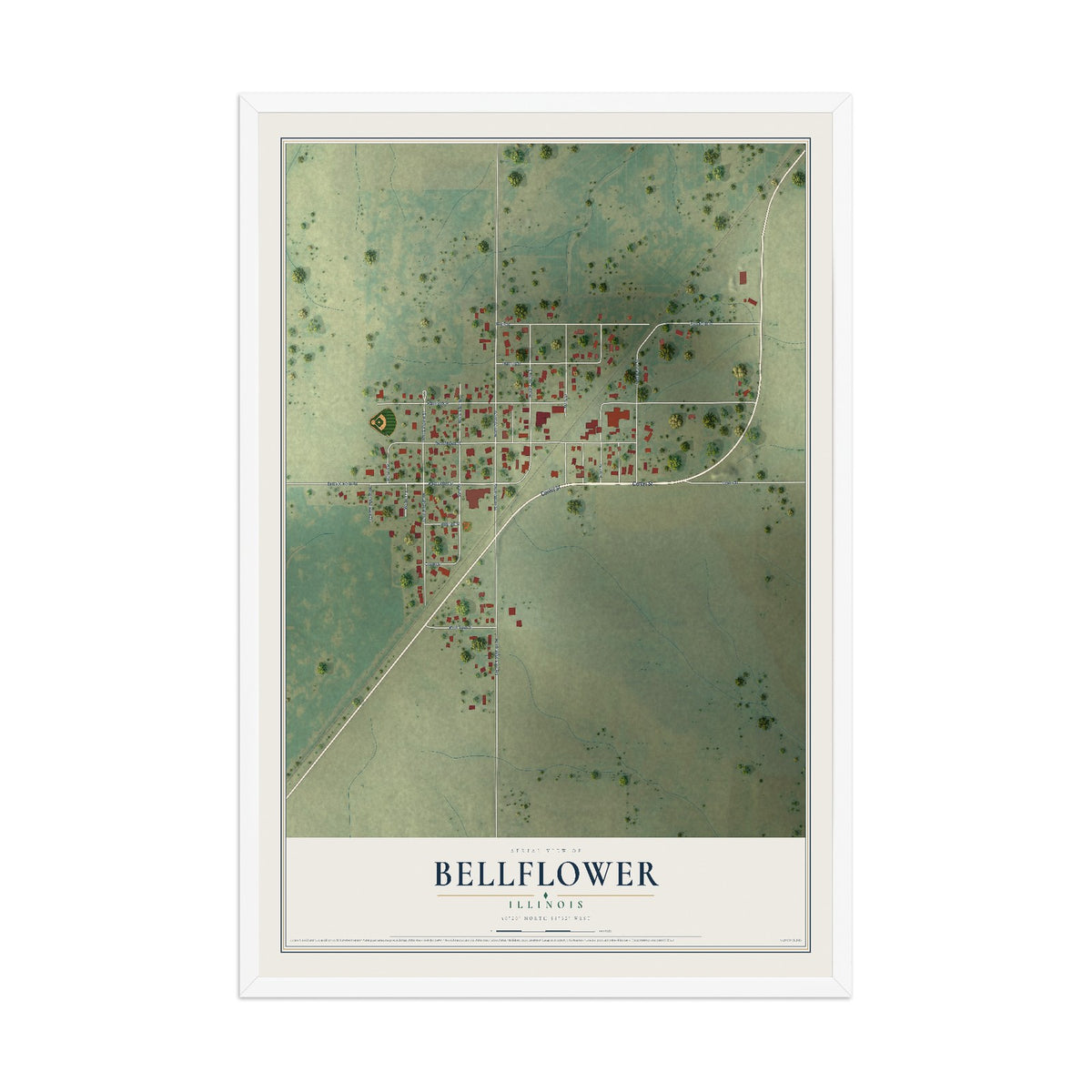 Map of Bellflower, Illinois, 12 x 18 inch print in a white wood frame