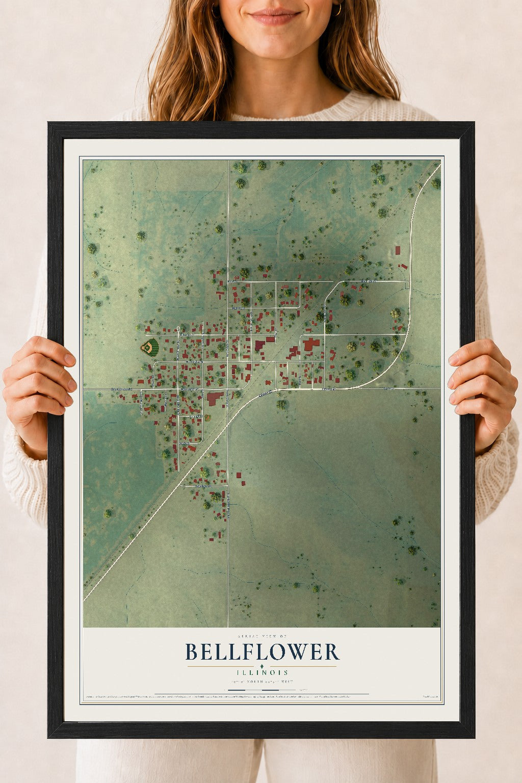 Map of Bellflower, Illinois, 18 x 24 inch print in a black wood frame