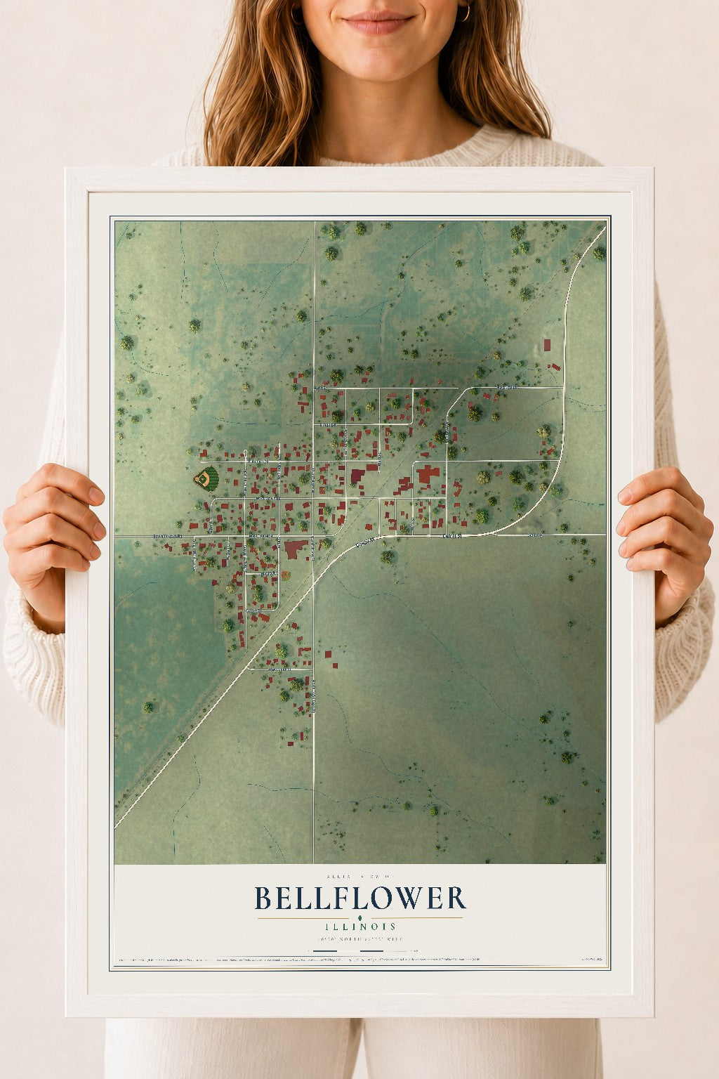 Map of Bellflower, Illinois, 18 x 24 inch print in a white wood frame