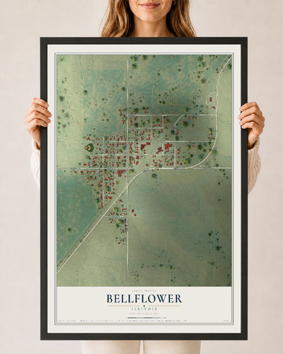 Map of Bellflower, Illinois, 24 x 36 inch print in a black wood frame