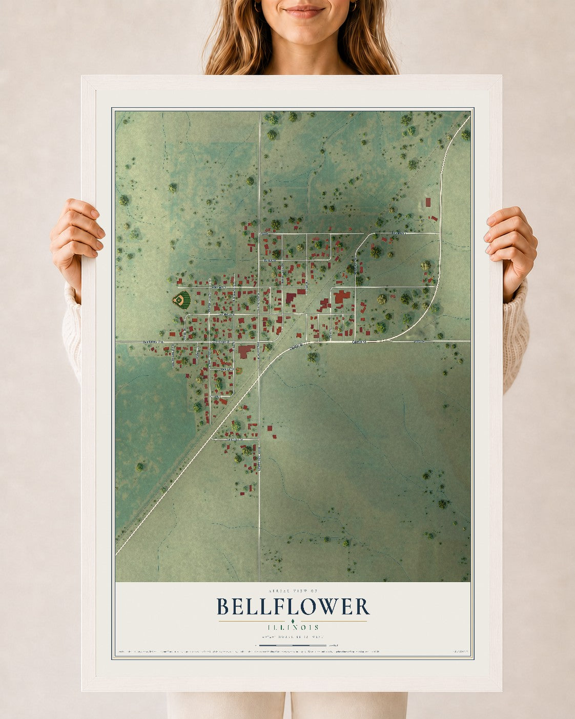Map of Bellflower, Illinois, 24 x 36 inch print in a white wood frame
