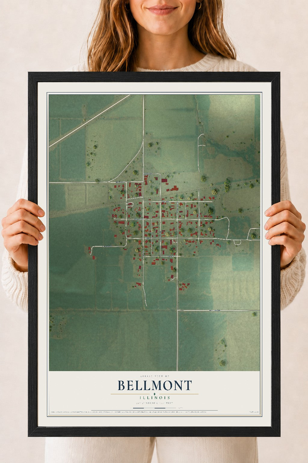 Map of Bellmont, Illinois, 18 x 24 inch print in a black wood frame