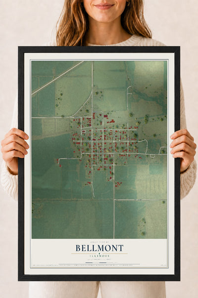 Map of Bellmont, Illinois, 18 x 24 inch print in a black wood frame