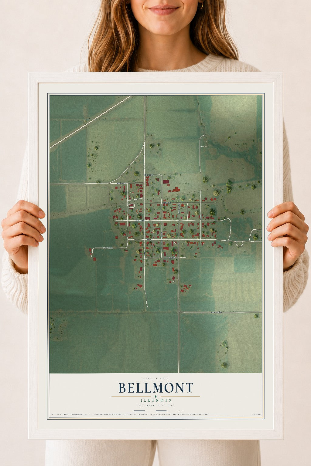 Map of Bellmont, Illinois, 18 x 24 inch print in a white wood frame