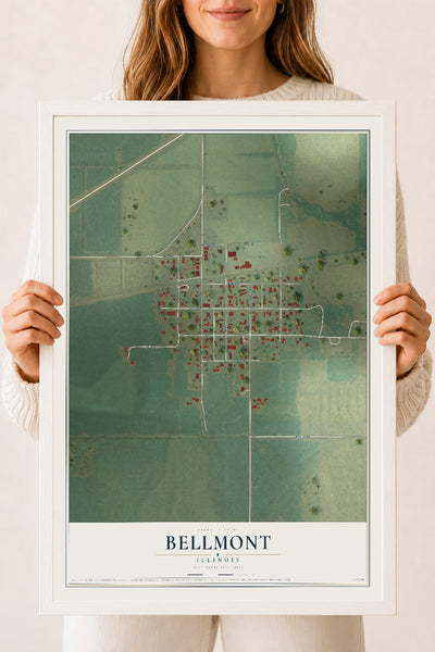 Map of Bellmont, Illinois, 18 x 24 inch print in a white wood frame