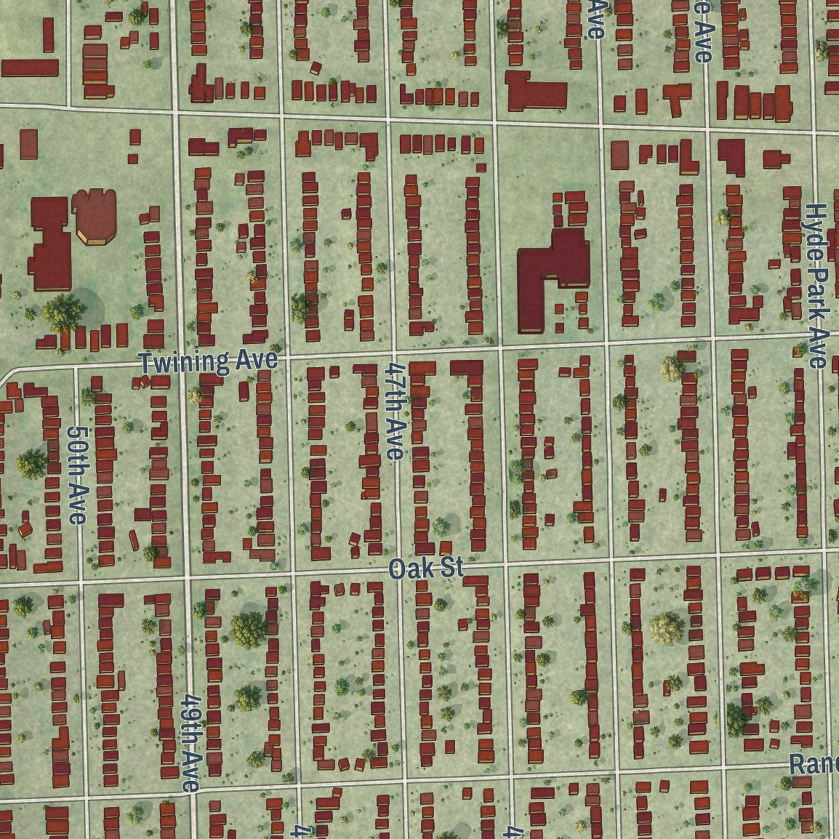 Close-up of the map of Bellwood, Illinois print showing street and building detail