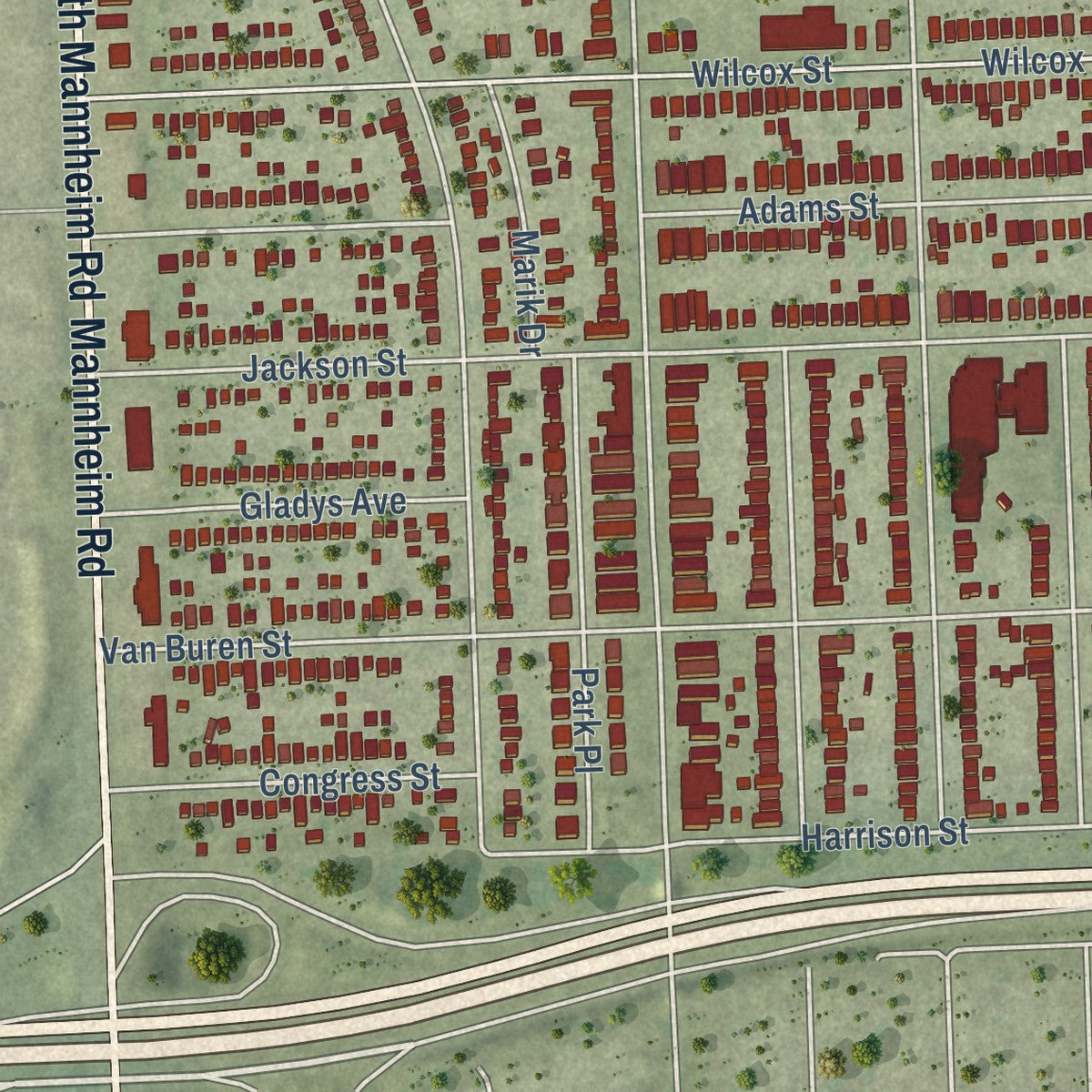 Second close-up of the map of Bellwood, Illinois print showing more streets and buildings