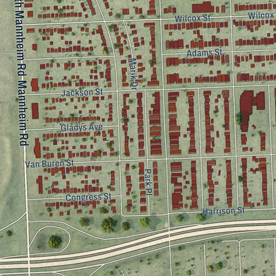Second close-up of the map of Bellwood, Illinois print showing more streets and buildings